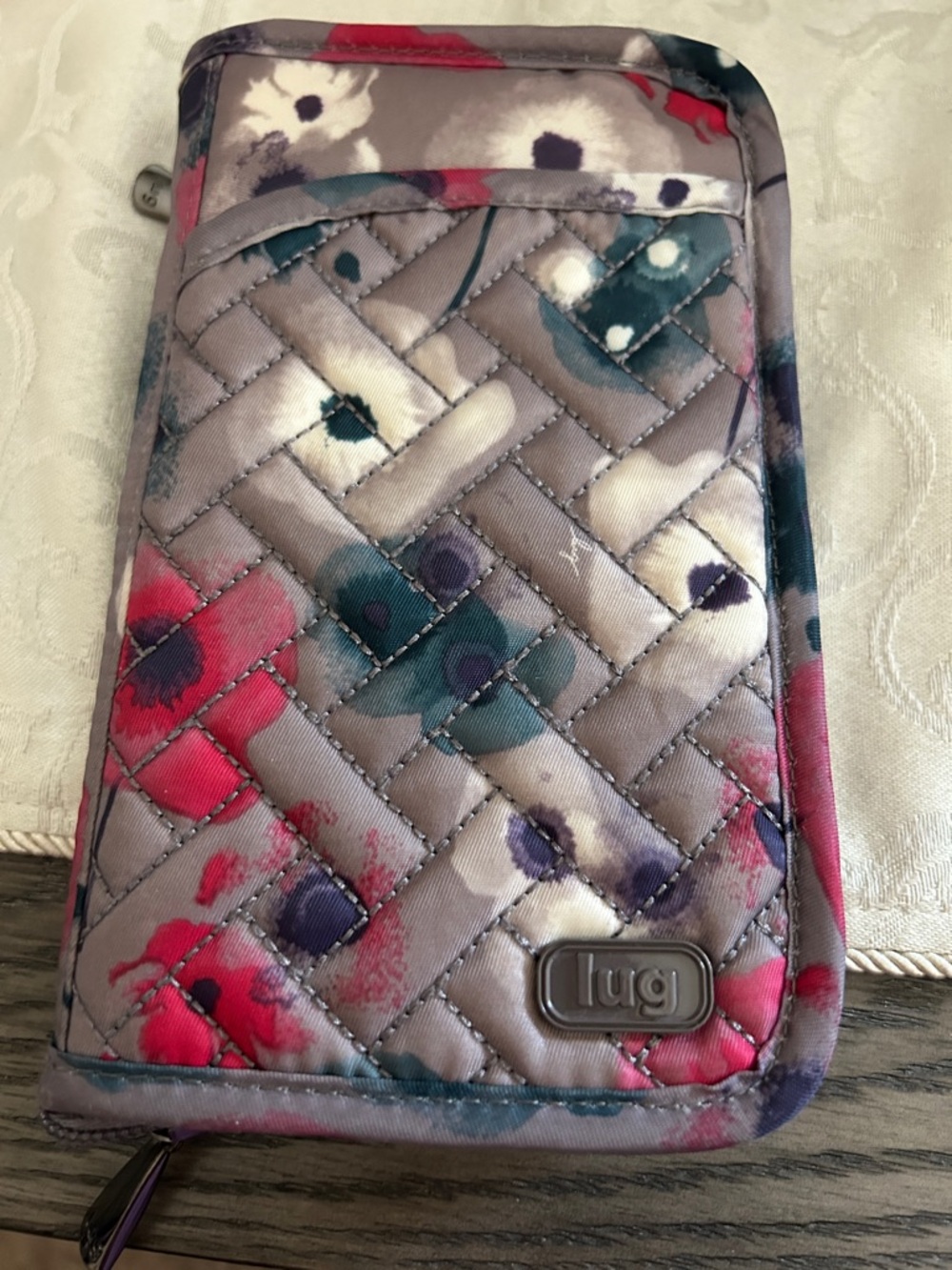 lug Quilted Floral Phone Wallet in Pink, Gray & Teal